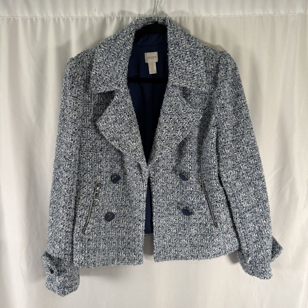 Chico's Tweed Jacket Women's Medium Blue White Open Front Long Sleeve Collared
